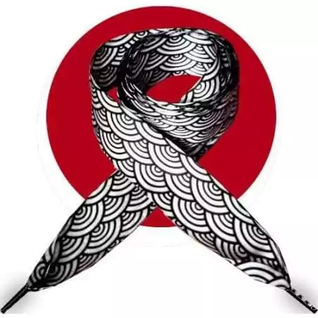 Lacets satin large blanc à motifs japonais noirs pour vos chaussures Lacets satin large blanc à motifs japonais noirs pour vos chaussures