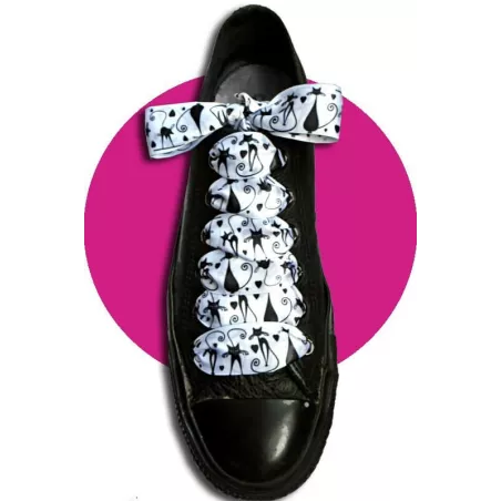 Lacets satin large&nbsp;blanc & motifs&nbsp;chats pour vos chaussures