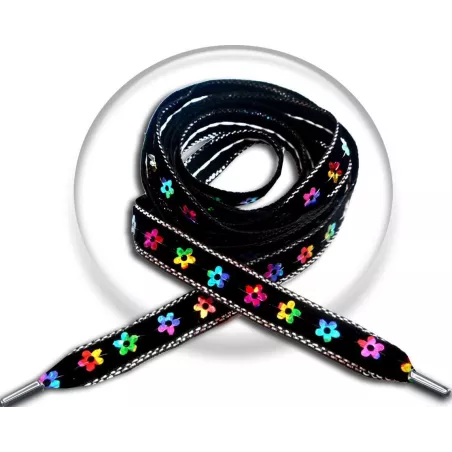 Lacets noirs velours fleurs multicolores brillant…