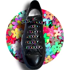 Lacets noirs velours fleurs multicolores brillant…