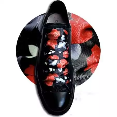 Lacets satin large noir fleurs gris & rouge pour vos chaussures