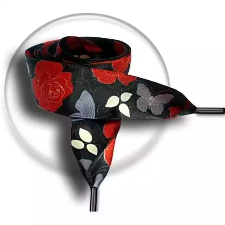 Lacets satin large noir fleurs gris & rouge pour vos chaussures