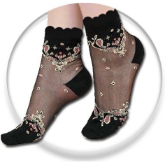 chaussettes transparentes noires à motifs beiges et roses