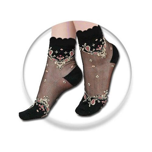 chaussettes transparentes noires à motifs beiges et roses