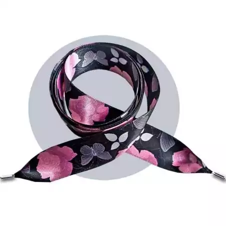 Lacets satin large noir fleuris gris & rose pour vos chaussures