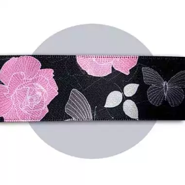 Lacets satin large noir fleuris gris & rose pour vos chaussures