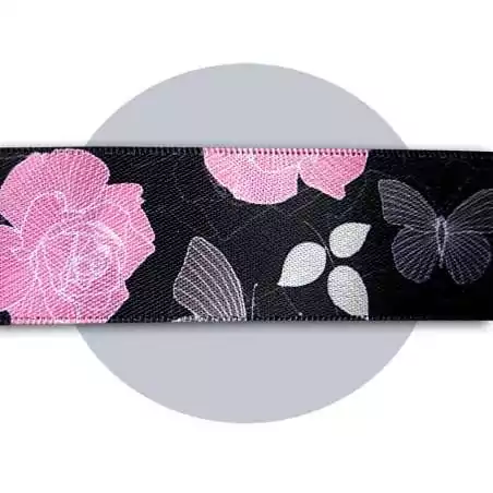 Lacets satin large noir fleuris gris & rose pour vos chaussures