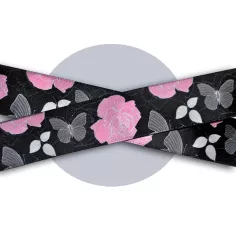 Lacets satin large&nbsp;noir fleuris gris &&nbsp;rose pour vos… 2