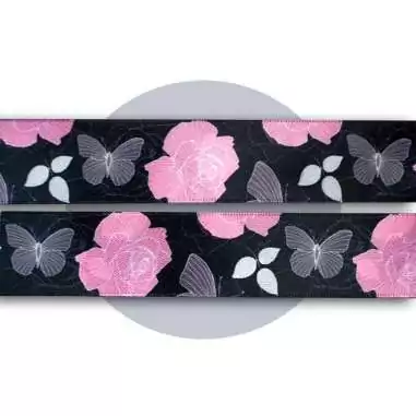 Lacets satin large noir fleuris gris & rose pour vos chaussures