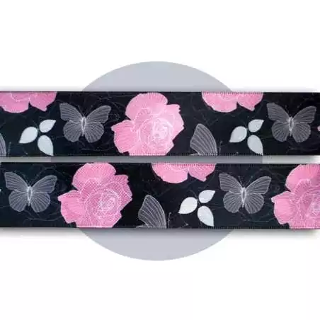 Lacets satin large noir fleuris gris & rose pour vos chaussures