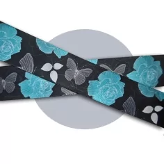 Lacets en satin large noir fleurs turquoise