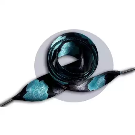 Lacets satin large noir fleuris gris & bleu pour vos chaussures