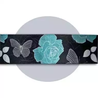 Lacets satin large noir fleuris gris & bleu pour vos chaussures