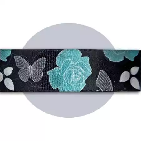 Lacets satin large noir fleuris gris & bleu pour vos chaussures
