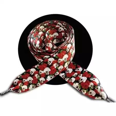 Lacets satin large noir crânes & fleurs rouges pour vos chaussures