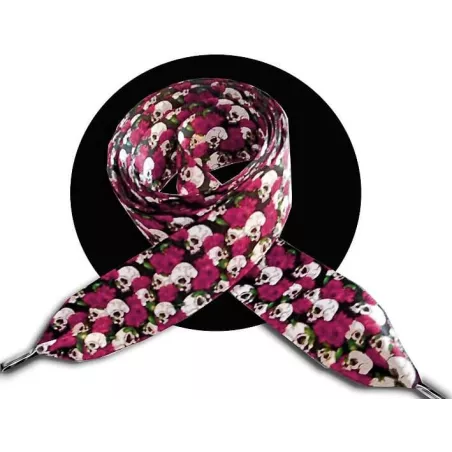 Lacets satin large crânes & fleurs roses pour vos chaussures
