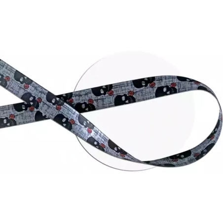 Lacets satin large gris avec têtes de morts + crânes noirs