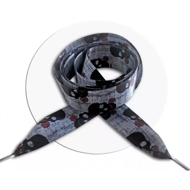 Lacets satin large gris avec têtes de morts + crânes noirs