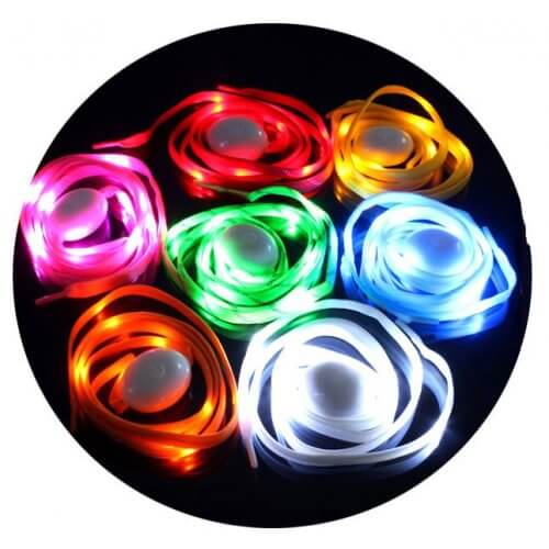 Lacets LED lumineux colorés blancs, bleus, roses, verts, jaunes, oranges, multicolores